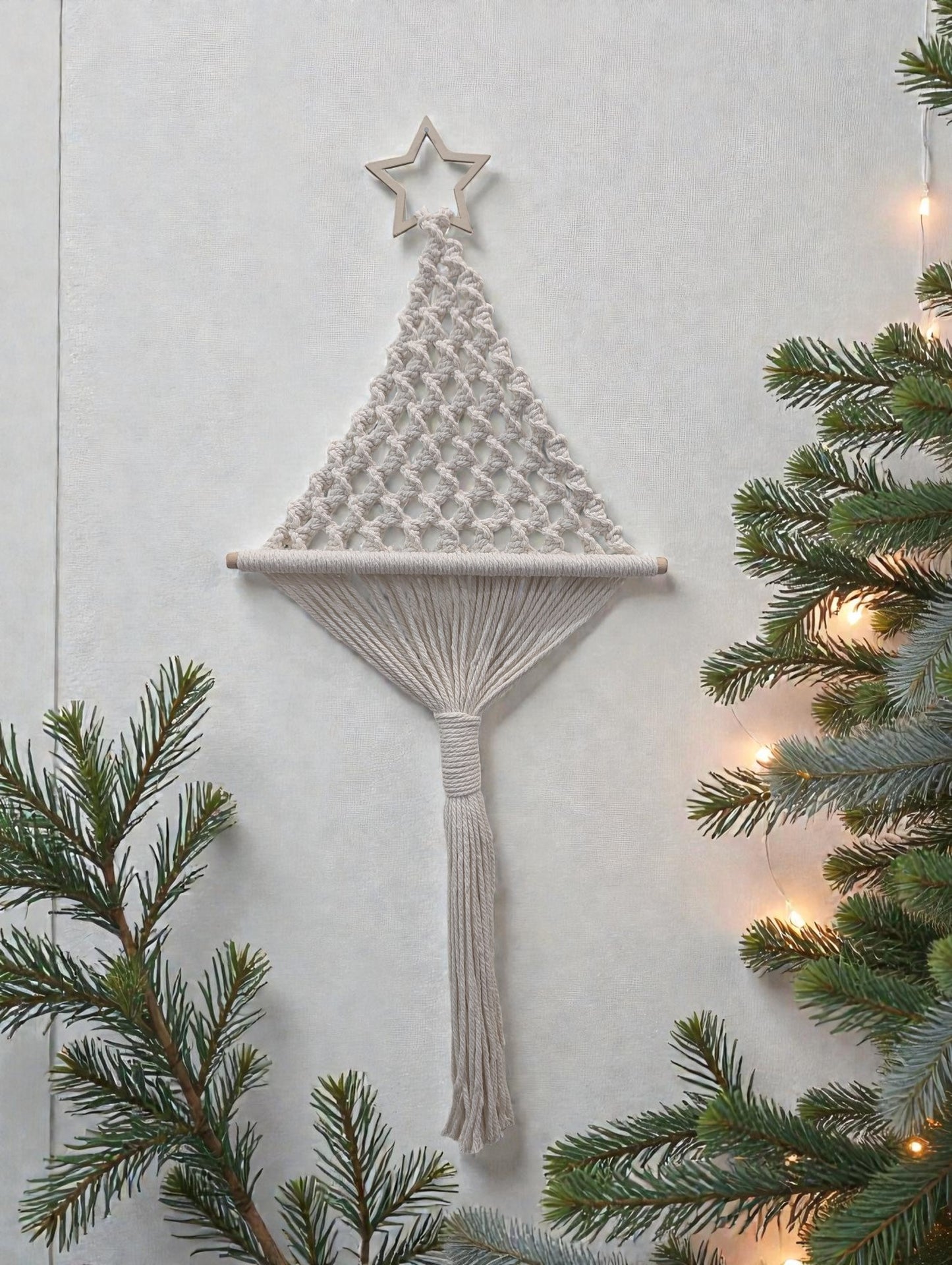 White Macrame Christmas Tree with a Star