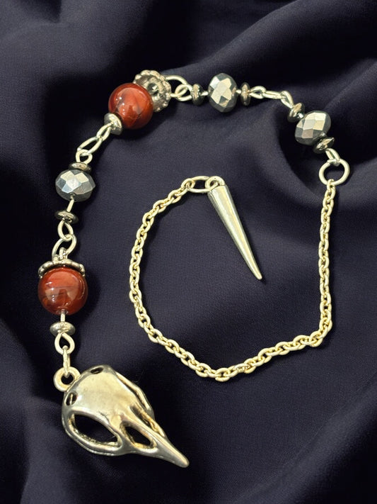 Raven Skull Pendulum with Red Beads