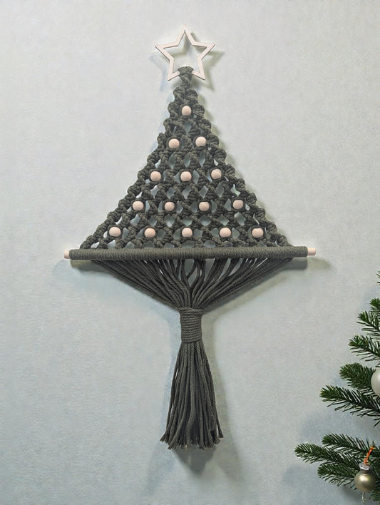 Green Macrame Christmas Tree with a Star & Beads