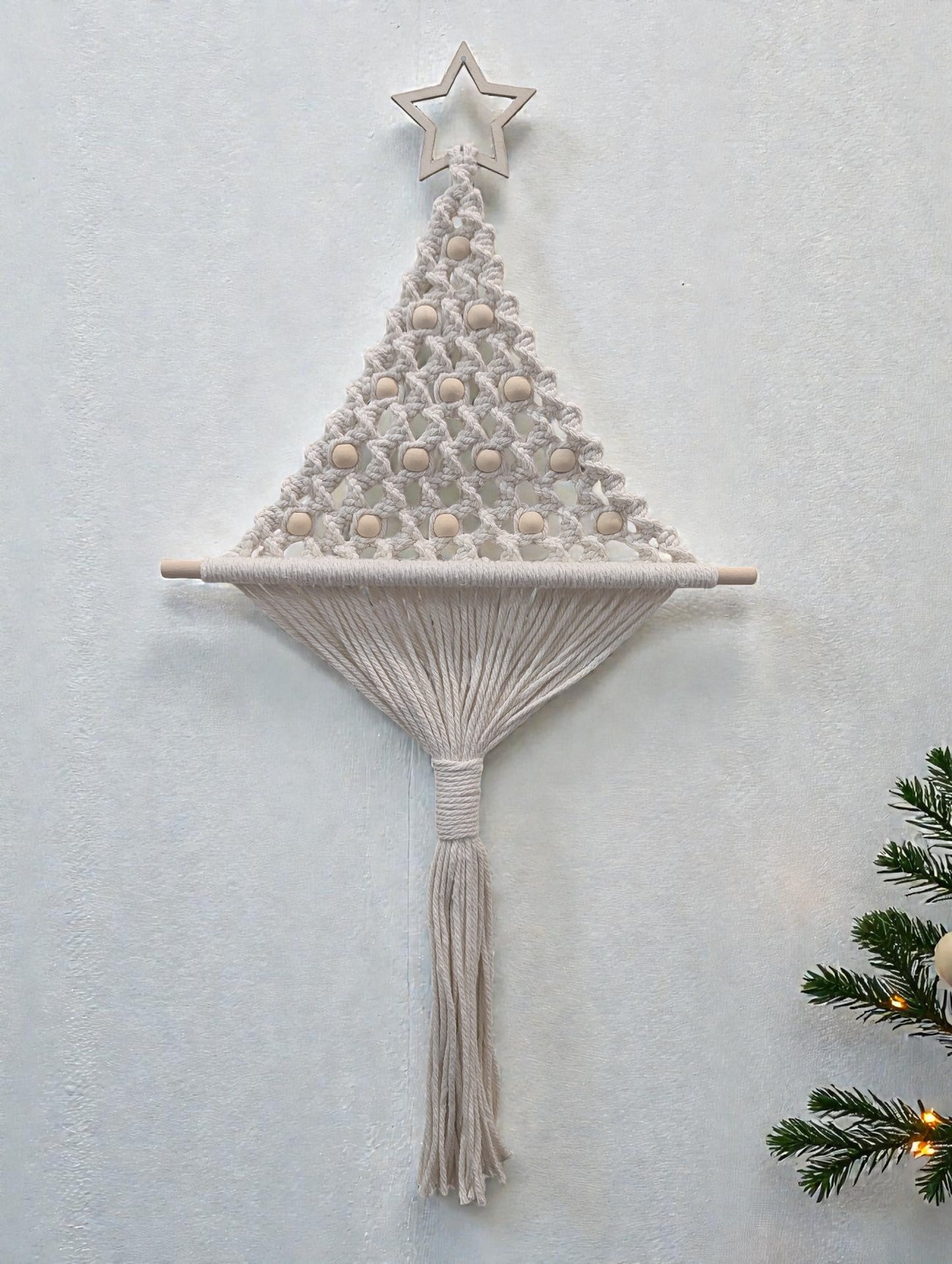 White Macrame Christmas Tree with a Star & Beads