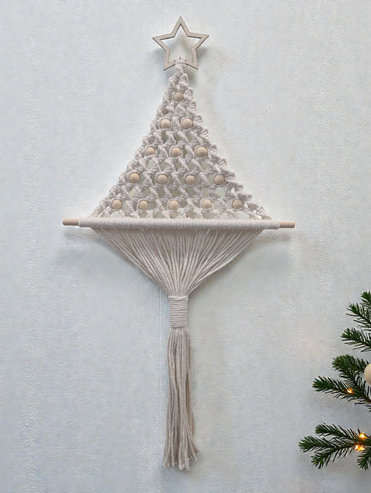 White Macrame Christmas Tree with a Star & Beads